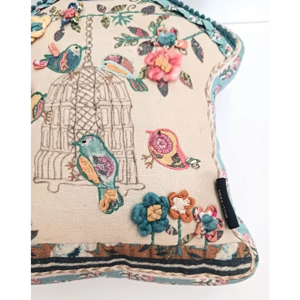 Milli Home Embroidered Birdhouse Accent Pillow Cottage Core Yarn Flowers Shaped